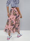 Pink Floral Pleated Midi Skirt