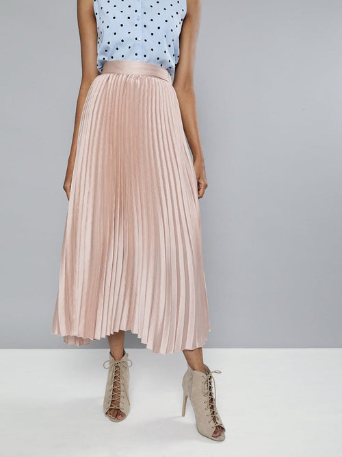 Champagne Pink Satin Pleated Maxi Skirt