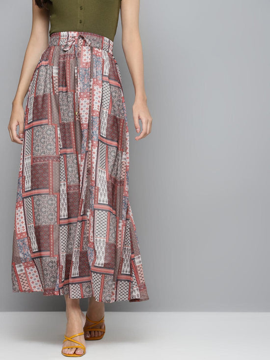 Brown Patch Print Flared Maxi Skirt