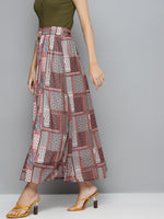 Brown Patch Print Flared Maxi Skirt