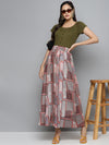 Brown Patch Print Flared Maxi Skirt