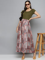 Brown Patch Print Flared Maxi Skirt