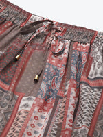 Brown Patch Print Flared Maxi Skirt