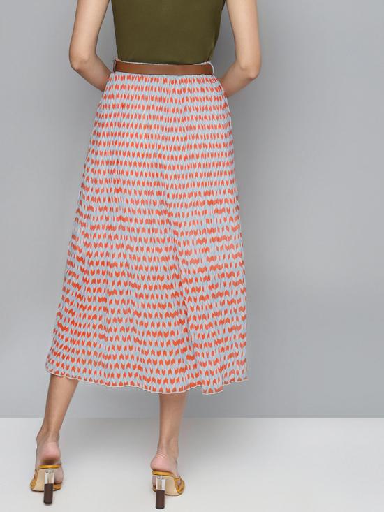 Orange Arrow Geo Print Belted Skirt