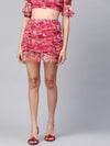 Red Floral Mesh Side Rouched Skirt