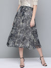 Grey Animal Lurex Print Front Belted Skirt