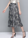 Grey Animal Lurex Print Front Belted Skirt