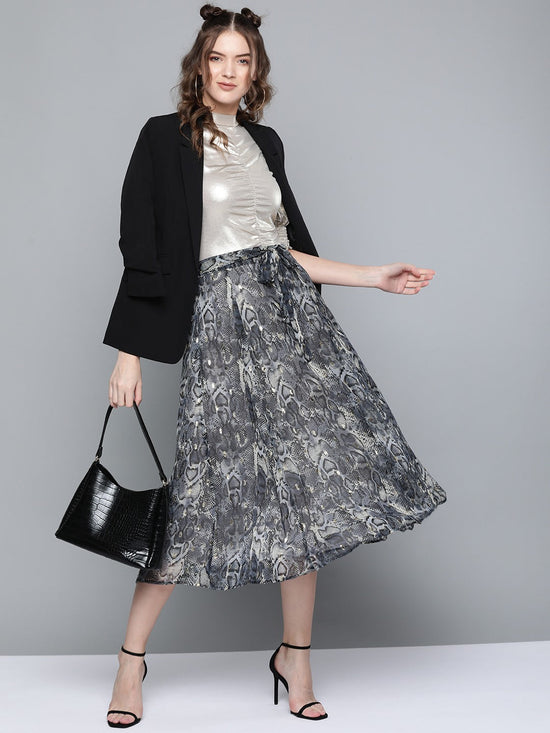 Grey Animal Lurex Print Front Belted Skirt