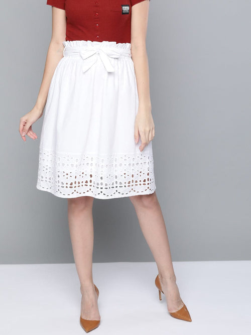 White Schiffli Flared Midi Skirt