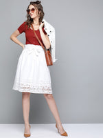 White Schiffli Flared Midi Skirt