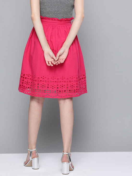 Fuchsia Schiffli Flared Midi Skirt