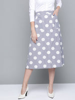 Grey & White Polka Front Slit Midi Skirt