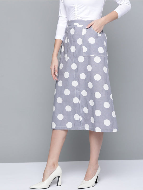 Grey & White Polka Front Slit Midi Skirt