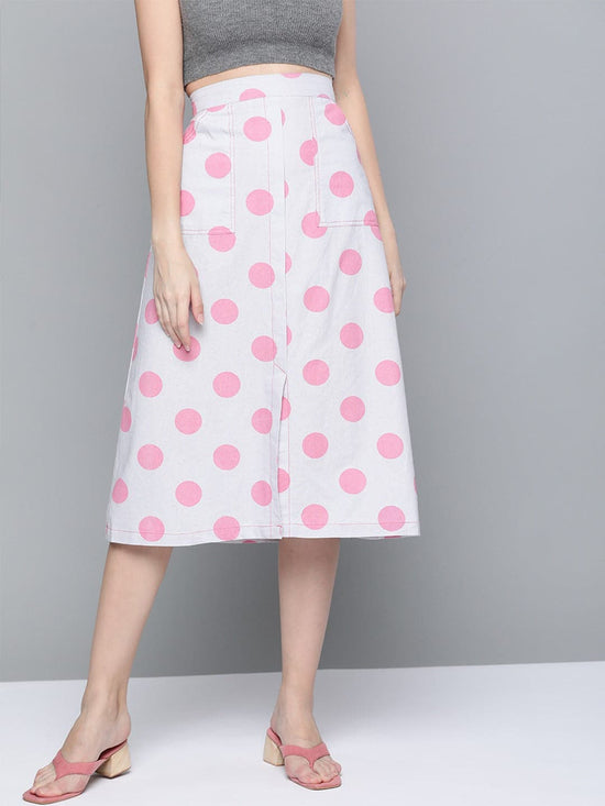 Pink & Grey Polka Front Slit Midi Skirt