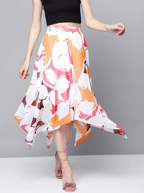 Orange Floral Asymmetric Midi Skirt