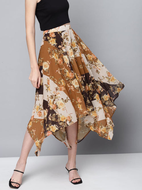 Brown Floral Asymmetric Midi Skirt