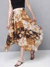 Brown Floral Asymmetric Midi Skirt