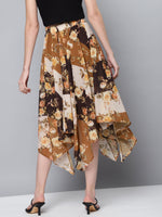 Brown Floral Asymmetric Midi Skirt