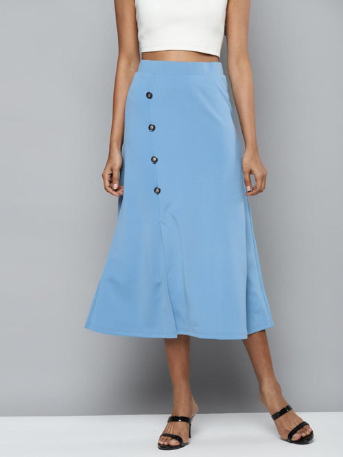 Blue Scuba Front Slit Flared Midi Skirt