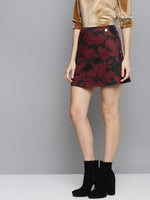 Red Floral Front Button Mini Skirt