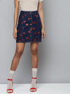 Blue Denim Red Heart Print Mini Skirt