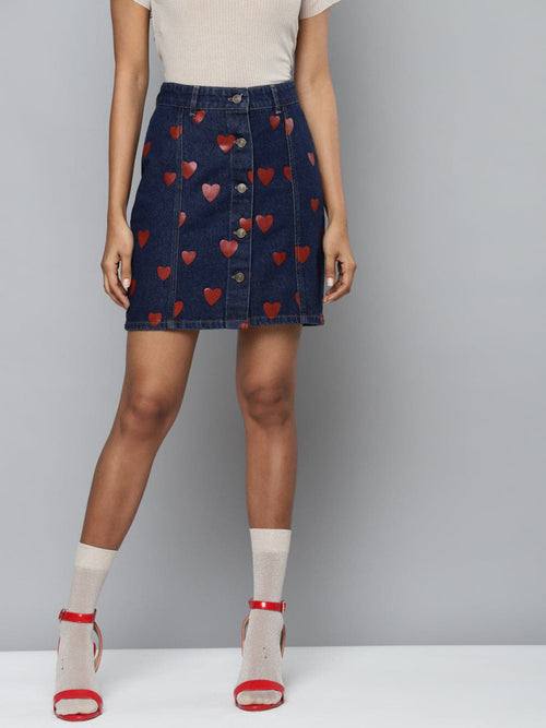 Blue Denim Red Heart Print Mini Skirt