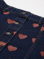 Blue Denim Red Heart Print Mini Skirt