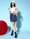 Women Blue Denim Red Heart Print Mini Skirt