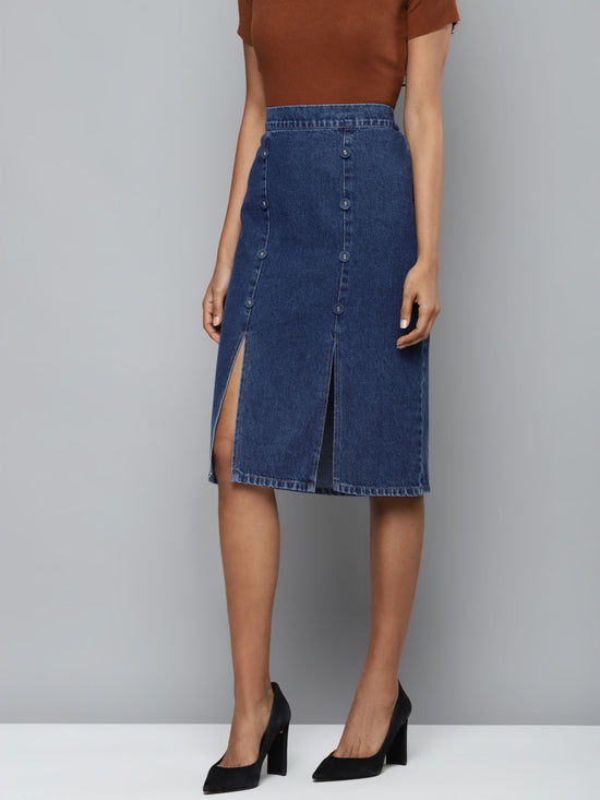 Blue Denim Pencil Midi Skirt