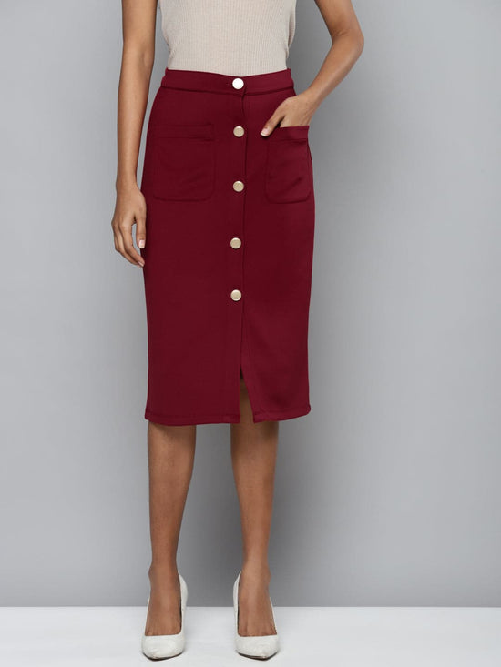 Maroon Scuba Front Button Skirt