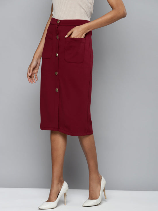 Maroon Scuba Front Button Skirt