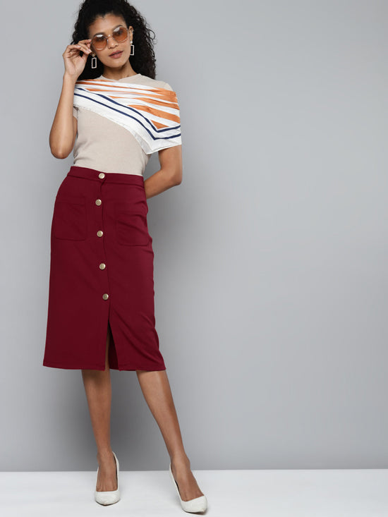 Maroon Scuba Front Button Skirt