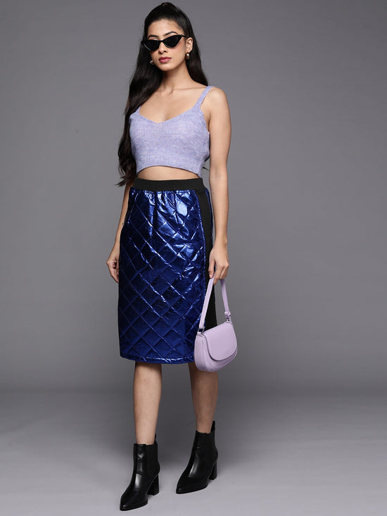 Women Royal Blue Mettalic Pencil Skirt