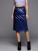 Women Royal Blue Mettalic Pencil Skirt