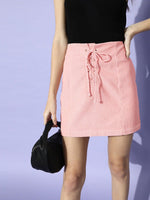 Pink Corduroy Front Tie-Up Mini Skirt