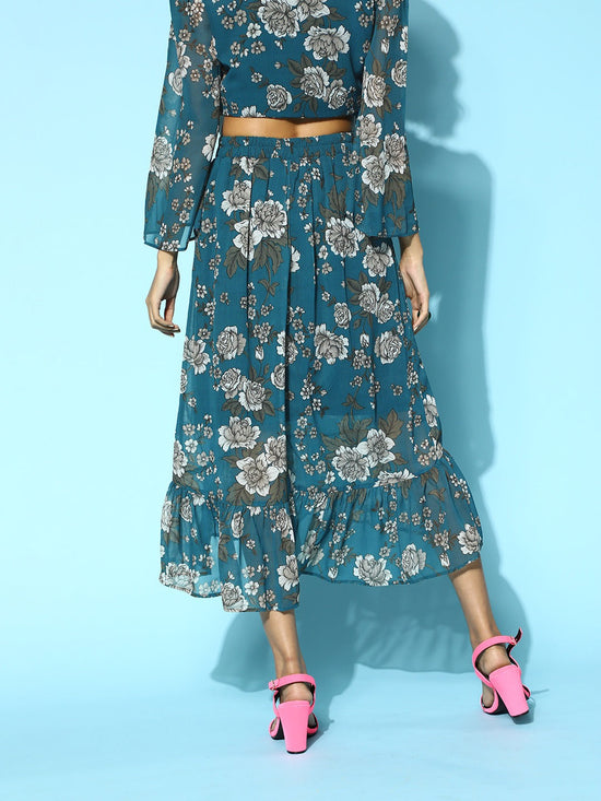 Teal Blue Floral High Low Skirt