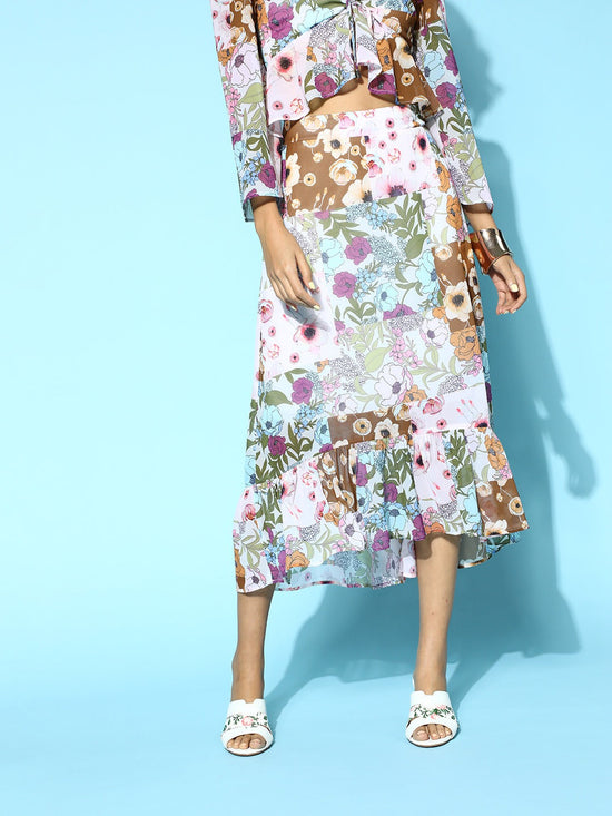 Off White Multi Floral High Low Skirt