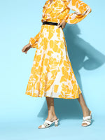 Mustard Floral A-Line Belted Skirt