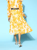 Mustard Floral A-Line Belted Skirt