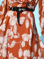 Brown Floral A-Line Belted Skirt