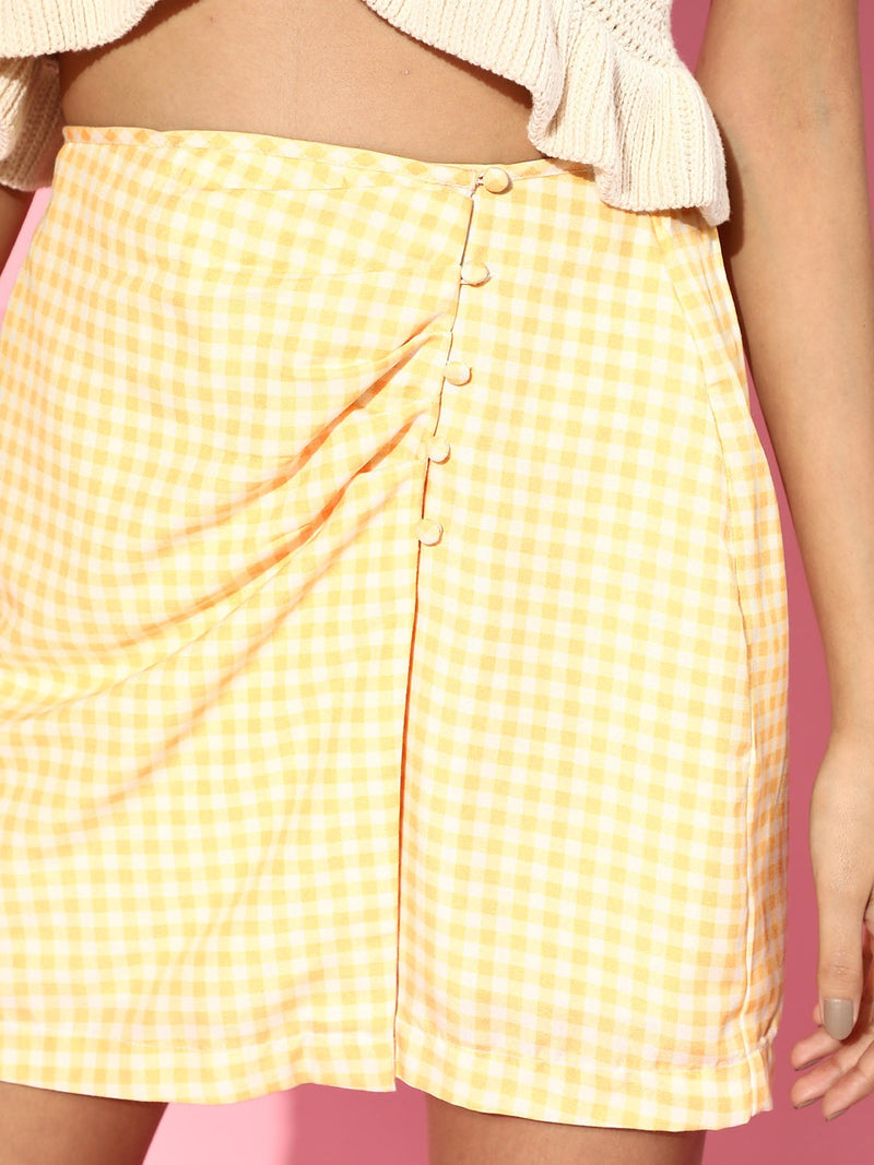 Women Yellow Gingham Check Ruched Mini Skirt