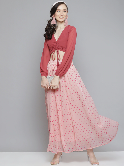 Women Pink With Fuchsia Polka Dot Maxi Skirt