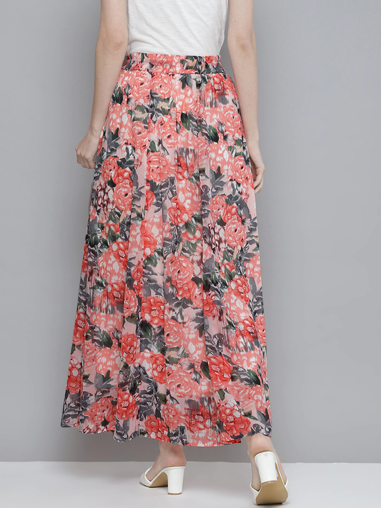 Women Peach Floral Maxi Skirt