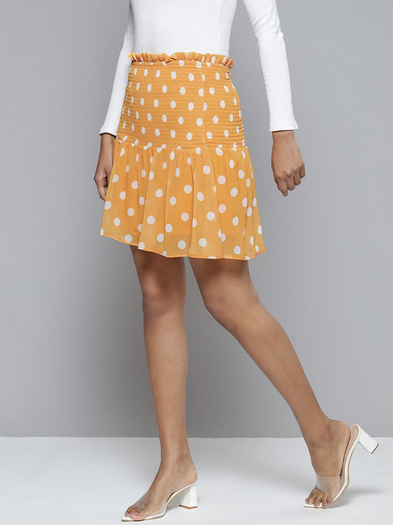 Women Mustard Polka Dot Smocked Waist Mini Skirt