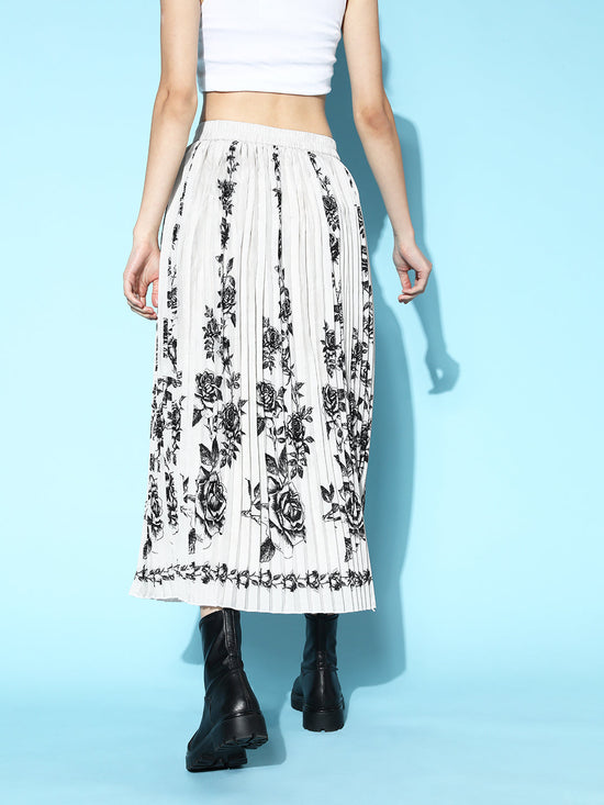 Women Grey Floral Print Pleated Skirt