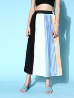 Women Blue & Beige Colour Block Pleated Skirt