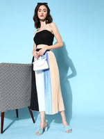 Women Blue & Beige Colour Block Pleated Skirt