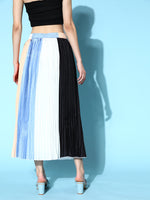 Women Blue & Beige Colour Block Pleated Skirt