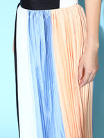 Women Blue & Beige Colour Block Pleated Skirt