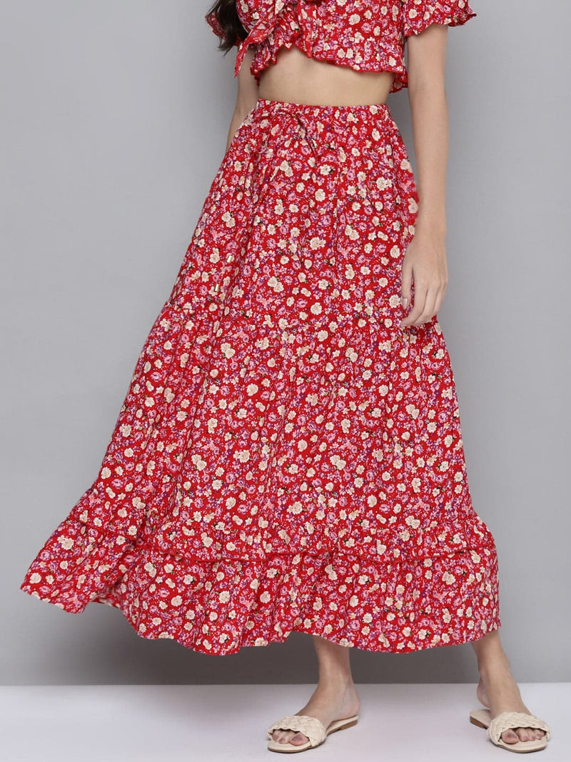 Women Red Ditsy Floral Flared Tiered Maxi Skirt
